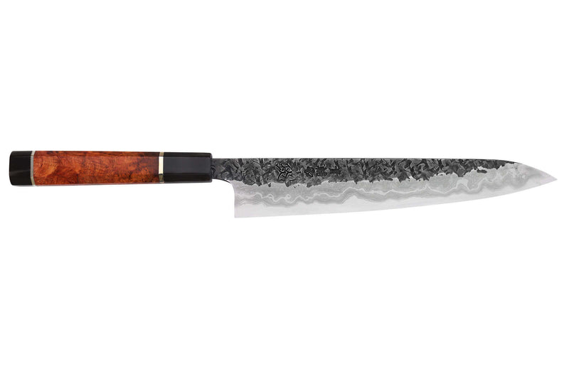Couteau sujihiki 24cm japonais artisanal Kisuke Manaka Enn en cognassier avec 2 anneaux