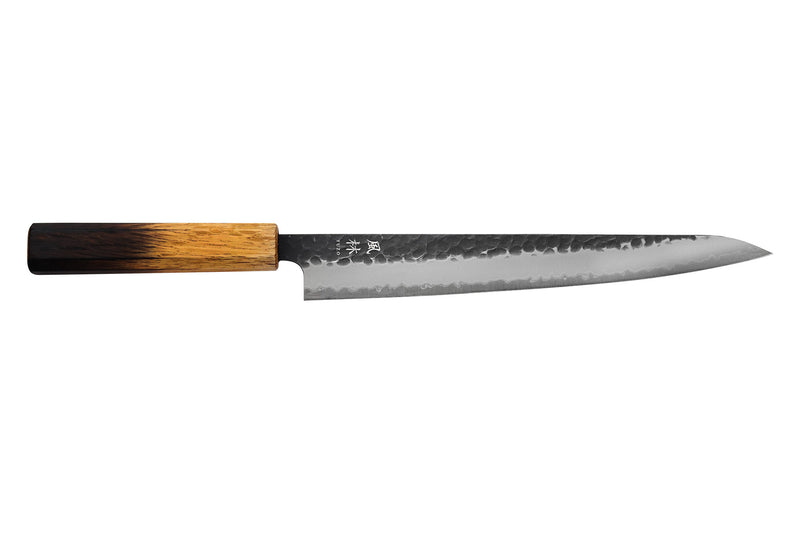 Couteau sujihiki 24cm japonais artisanal Yuzo Black AS chêne brûlé