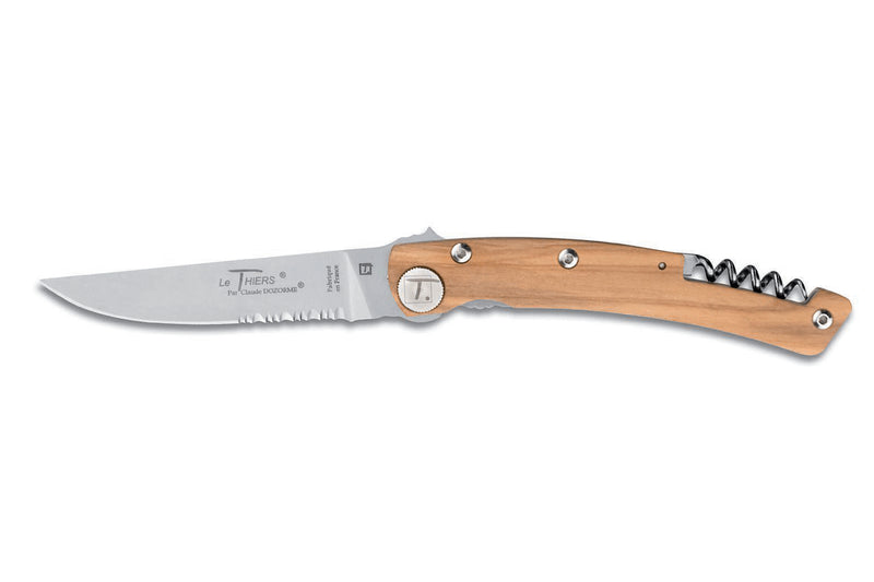 Couteau pliant denté Le Thiers Liner Lock Claude Dozorme olivier 12,5cm