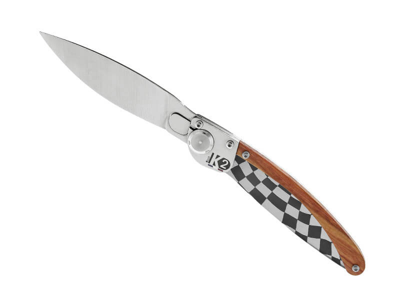 Couteau pliant K2.12M manche sandwalwood et acier décor racing 11,5cm
