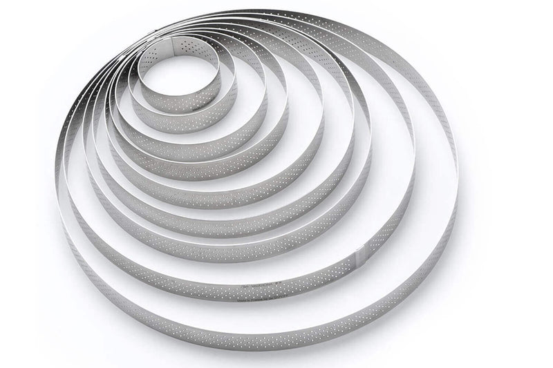 Cercle à tarte perforé inox De Buyer Valrhona bord droit hauteur 2cm