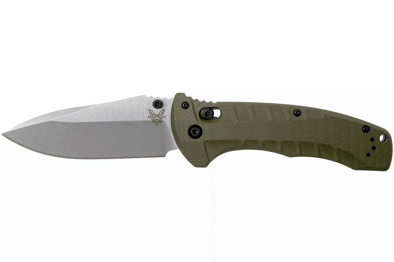 Couteau pliant Benchmade Turret Black 980SBK lame noire semi-dentée manche G10 vert olive 12cm