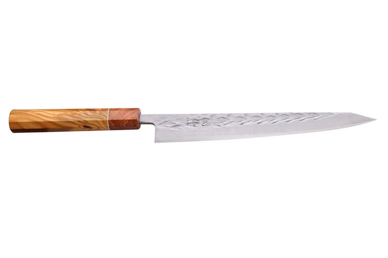 Couteau sujihiki 24cm japonais artisanal Yuzo SLD olivier et cognassier