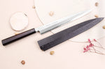 Couteau yanagiba japonais artisanal 24cm Sakai Takayuki Byakko manche en ébène + étui